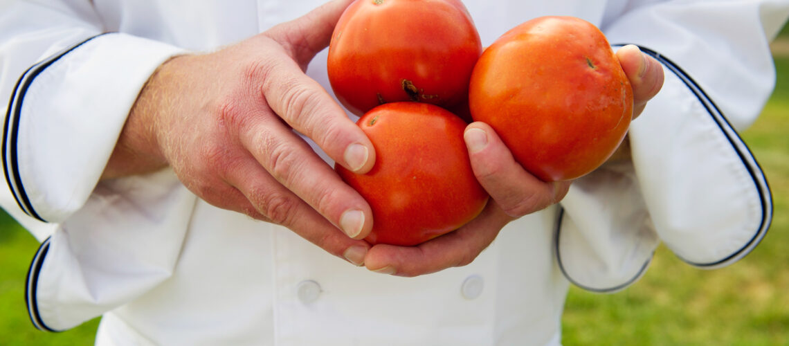 Closeup of a chef holding tomatoes
