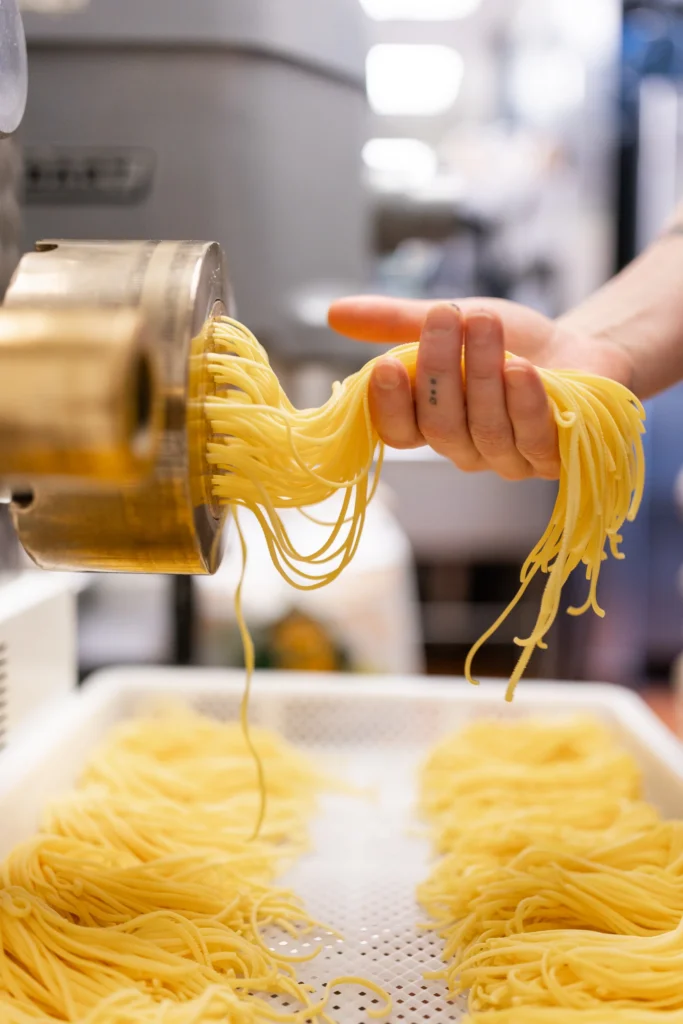 Close up of hands catching fresh spaghetti noodles coming out of a metal pasta extruder.