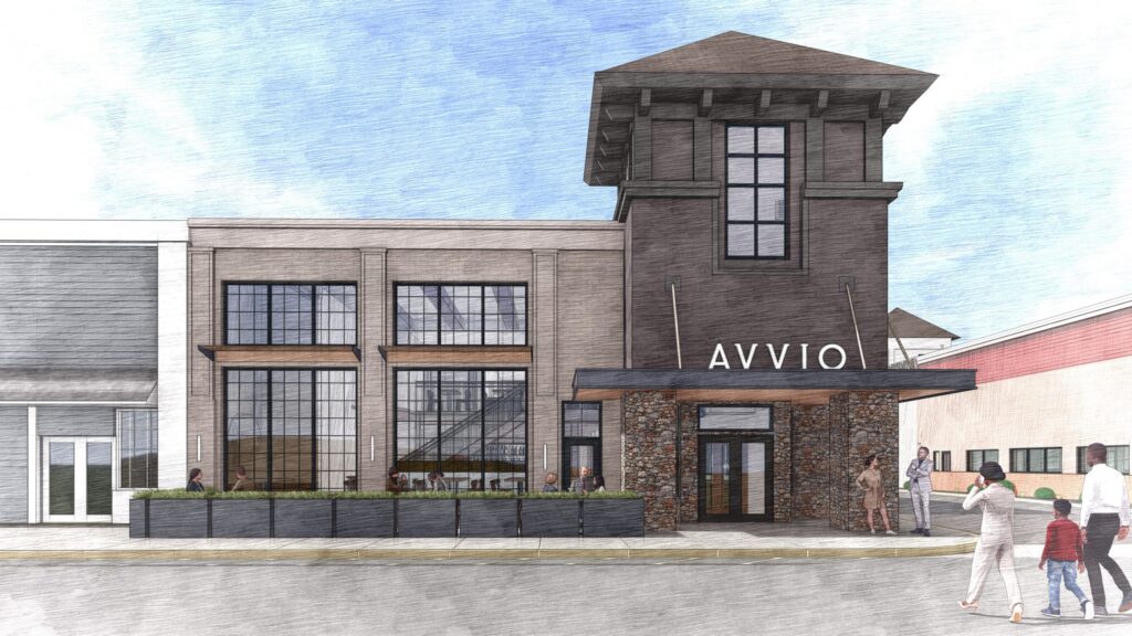Exterior rendering of Avio restaurant with stone around the door and large glass windows