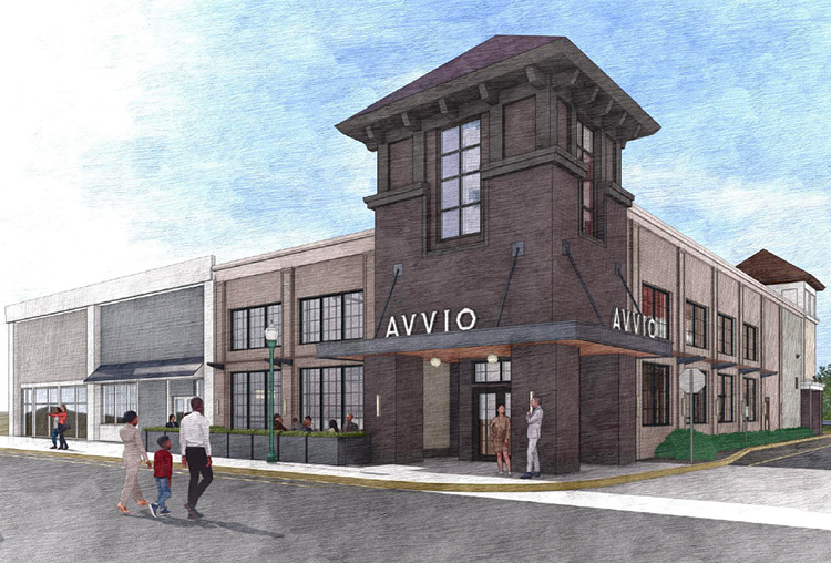 Exterior rendering of Avio restaurant with stone around the door and large glass windows