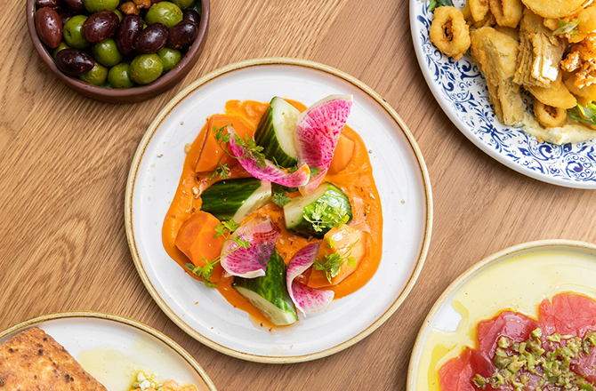 Table spread of plated appetizers including sliced radishes over orange sauce, fried calamari, olives, and beef carpaccio.