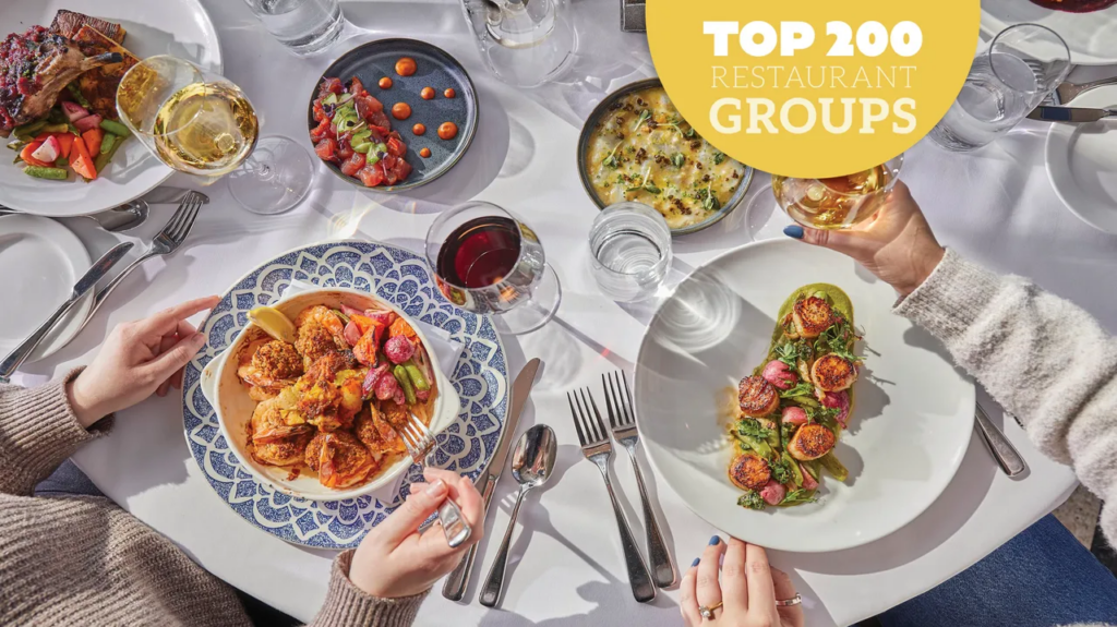 Top view of a table spread with various gourmet dishes wine and glasses with a yellow badge reading Top 200 Restaurant Groups
